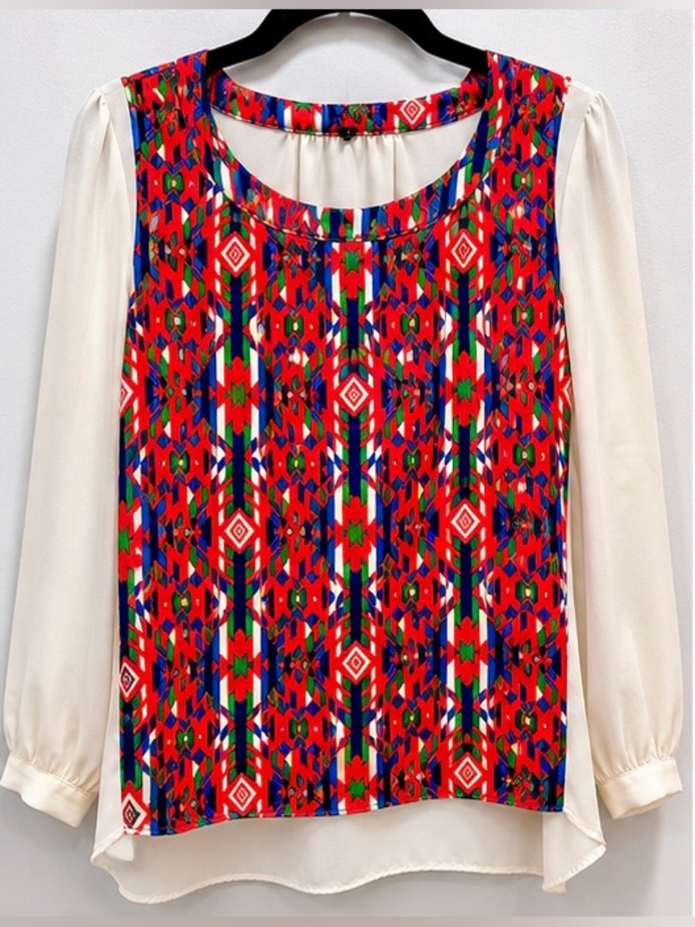 GLAM Geometric Print Blouse Medium Colorful Boho Long Sleeve Top